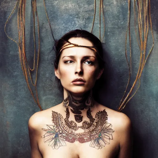 Image similar to A perfect female goddess stands for a waist up portrait with her body sightly wrapped in thin gold wire creatively arranged so as to look like biker tattoos, in an abandoned barn, hyper photo realistic 8K HD HDRI, photo by Annie Leibovitz.