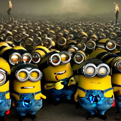 Prompt: POV of a group of minions chasing you angrily. The minions are carrying torches and pitchforks. The minions are angry. concept art, sharp lighting, 4k, detailed, Peter Jackson, Ridley Scott, bright colors