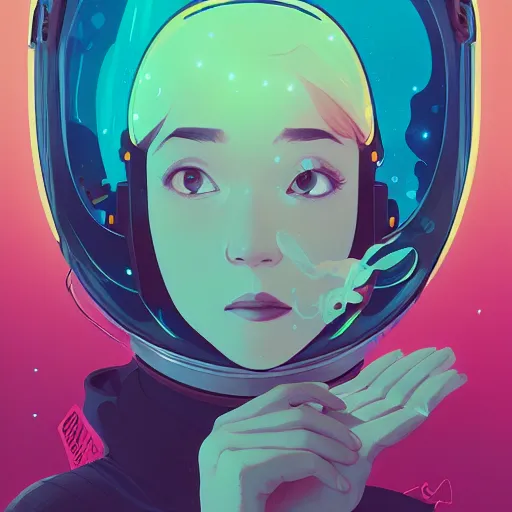 Image similar to an astronaut lost in orbit, a look of wonder on her face, ambient lighting, 4 k, lois van baarle, ilya kuvshinov, rossdraws, alphonse mucha, jung gi kim, artstation