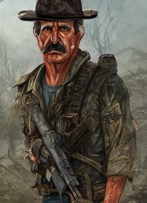 Prompt: A comic book style portrait painting of Magnum PI as a grim ranger in a post apocalyptic setting with bombarded broken trees, unreal 5, DAZ, hyperrealistic, octane render, RPG portrait, ambient light, dynamic lighting