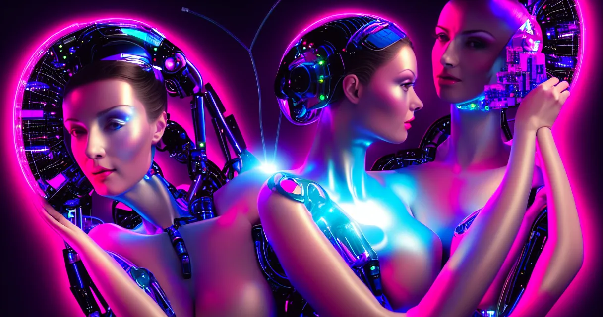 Image similar to beauty woman in holograms, with robotic arms, of alien artifacts, electrical case display, ultrarealistic, dramatic lighting, backlit, three point lighting, cables and wires, electrical details, high details, 4k, 8k, best, accurate, trending on artstation, artstation, photorealism, ultrarealistic, digital painting, style of Caravaggio, Boris Vallejo