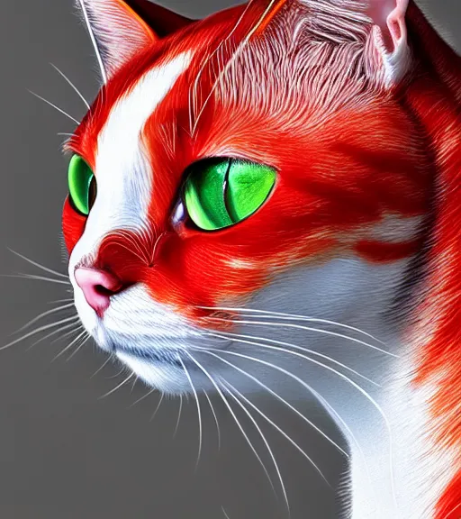 Prompt: red and white cat statue, ultra detail, photoreal, bright colors, professionally retouched, wide angle, black background, 8 k high definition, insanely detailed, intricate, elegant, art by artgerm and wlop