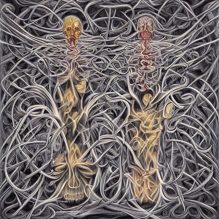 Image similar to expression of mind-matter interaction through death by Alex Grey and M. C. Escher collaboration, digital painting, Groundcore