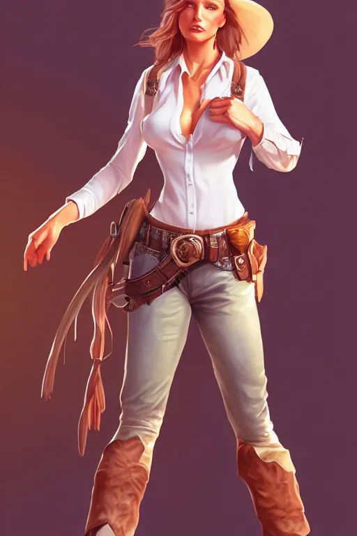 Image similar to full body, female cowgirl, perfect face, white blouse, holster, 8 k, magic the gathering, desert, d & d, artstation, high detail, smooth, muscular