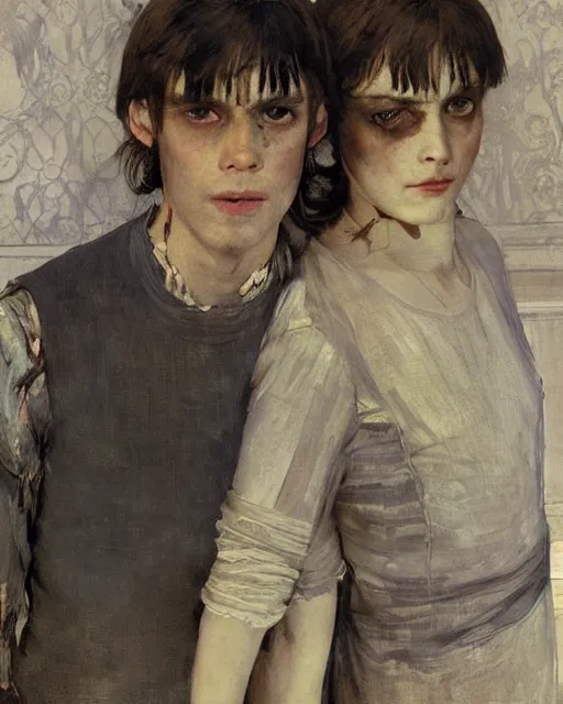 Image similar to two handsome but creepy siblings in layers of fear, with haunted eyes, 1 9 7 0 s, seventies, wallpaper, a little blood, moonlight showing injuries, delicate embellishments, painterly, offset printing technique, by coby whitmore, jules bastien - lepage