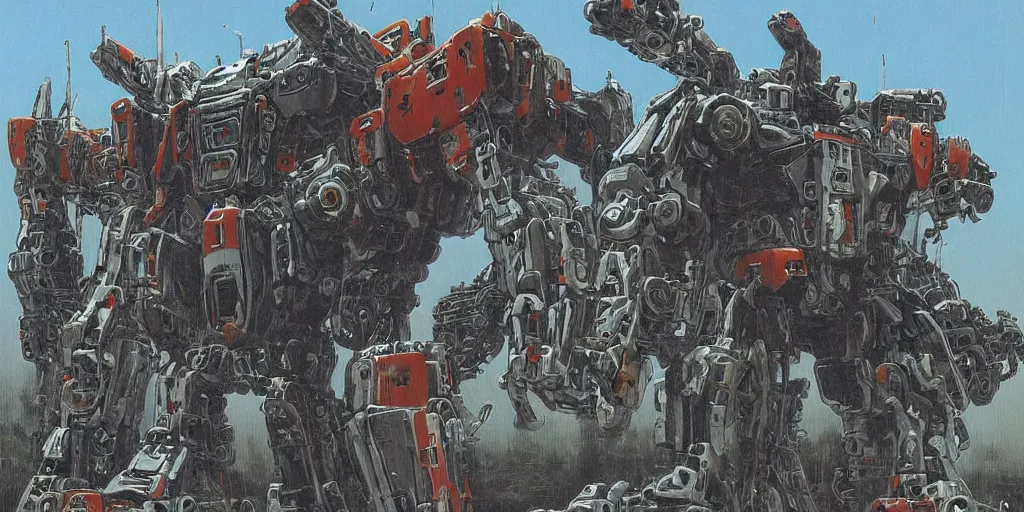 Prompt: Highly detailed painting of a large battle mech equipped with many chainsaws by moebius