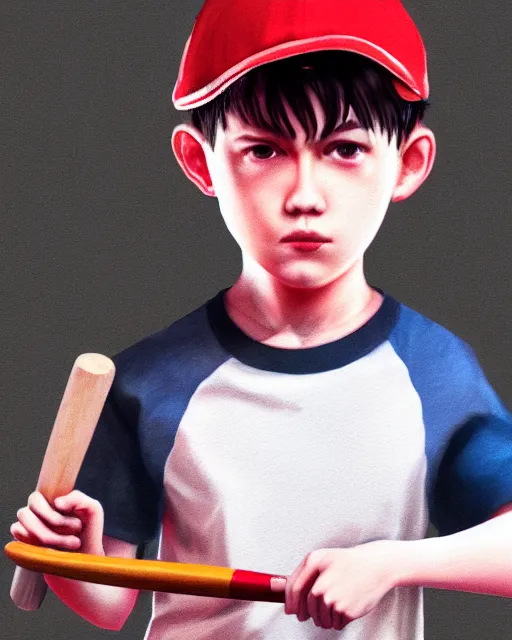 Prompt: a young boy wearing a horizontal striped shirt and a red baseball cap, holding a baseball bat, digital painting, artstation, concept art, sharp focus, octane render, illustration, art by ayami kojima,