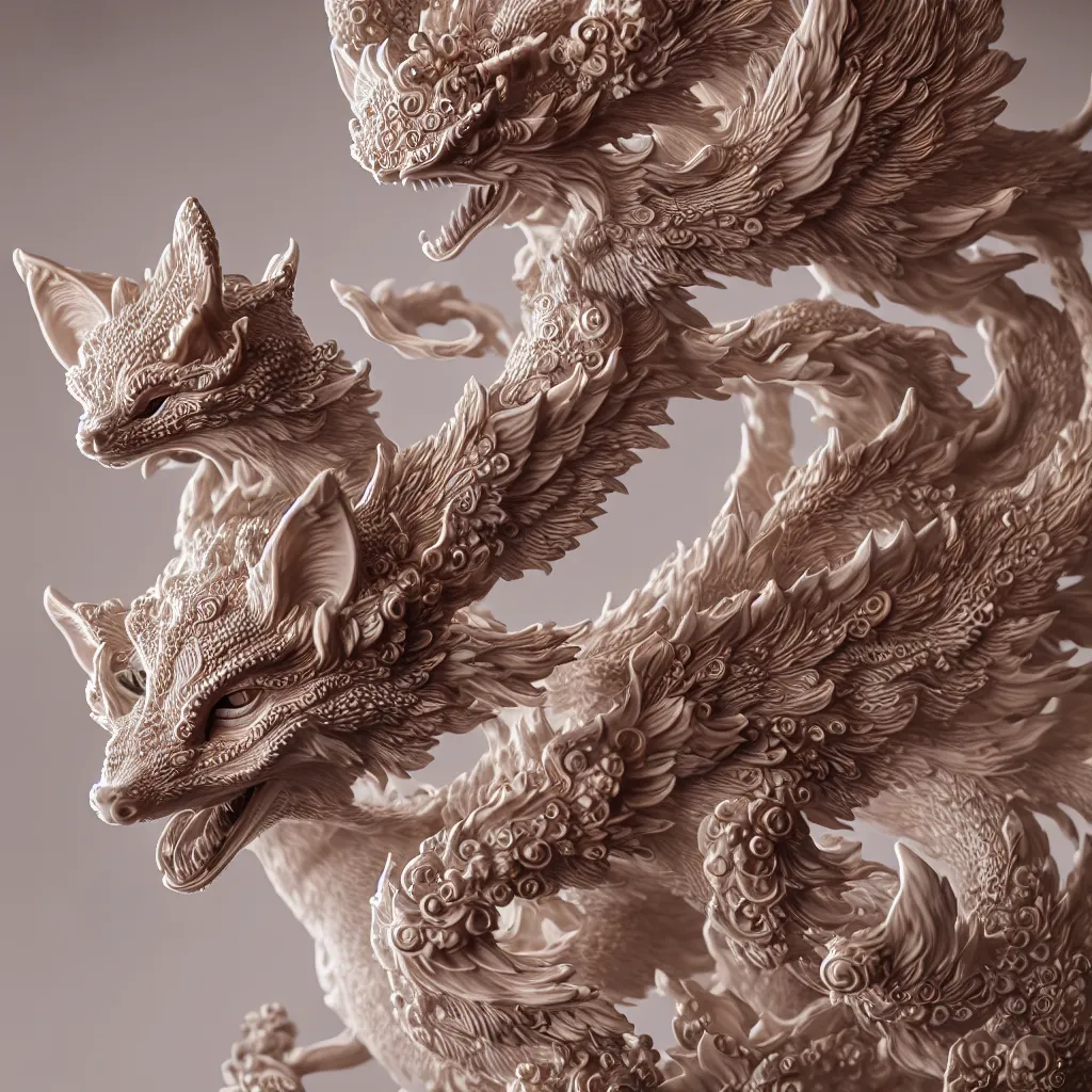 Image similar to a closeup photo - real delicate ceramic porcelain sculpture of an ornate detailed kitsune in front of a intricate background by davinci, micro detail, backlit lighting, subsurface scattering, translucent, thin porcelain, octane renderer, colorful, physically based rendering, trending on cgsociety