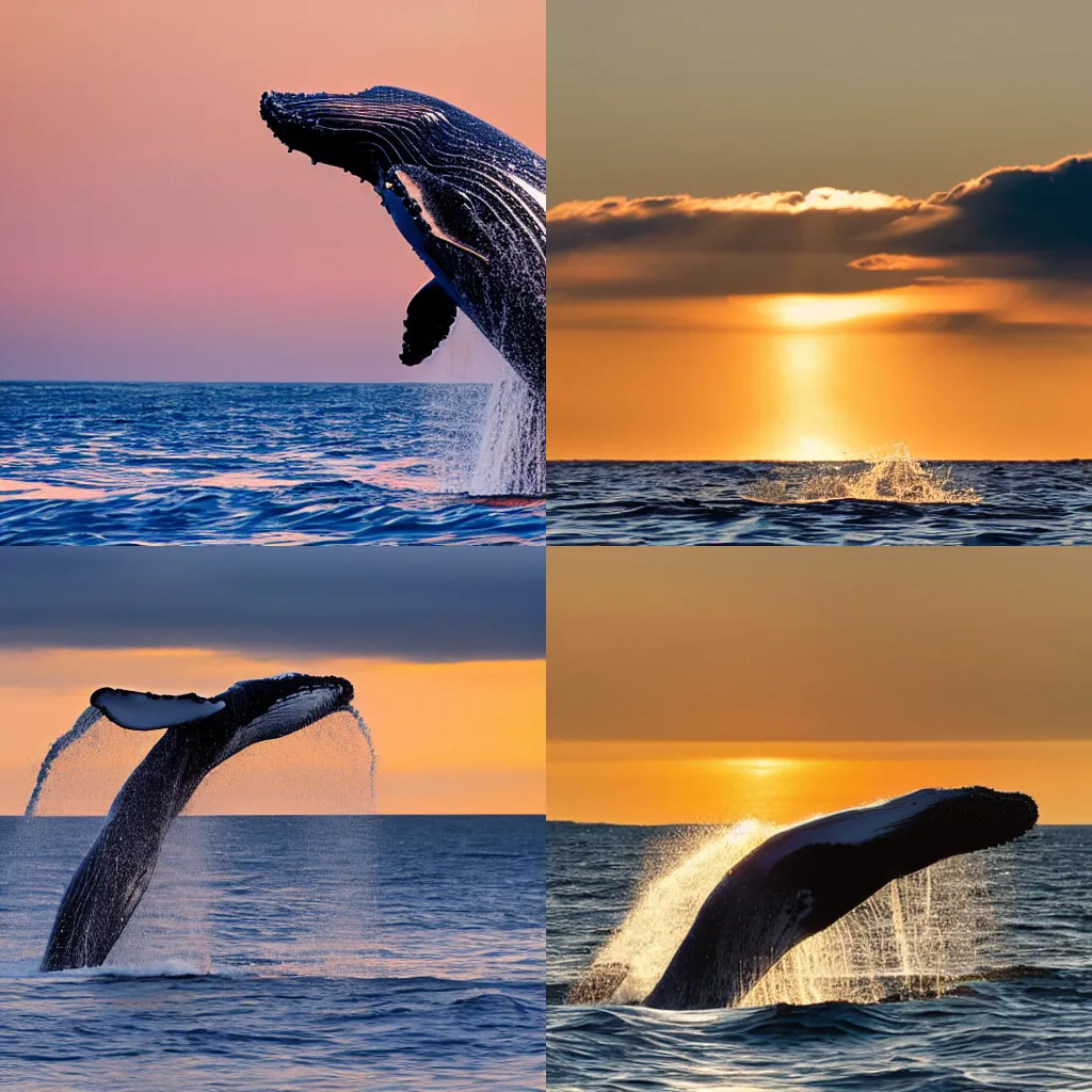 Prompt: a whale breaching through clouds, golden hour