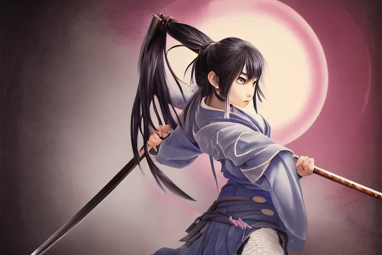 Prompt: highly detailed beautiful photo of a madison beer as a young female samurai, practising sword stances, art by koyoharu gotouge. symmetrical face, beautiful eyes, realistic, 8 k, award winning photo, pastels colours, action photography, 1 / 1 2 5 shutter speed, sunrise lighting,