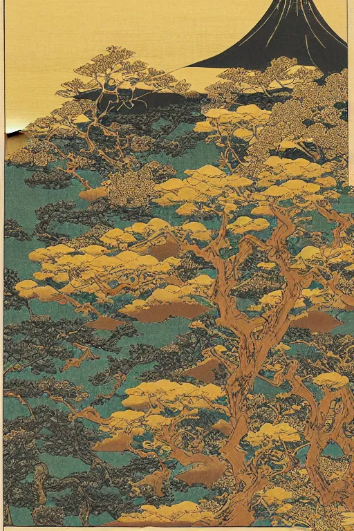 Image similar to japanese woodblock print of a landscape in the style of fantasy painted by kano sanraku, james jean, takato yamamoto, mc escher in the style of nihonga, gold leaf painting, fractal art, intricate detail