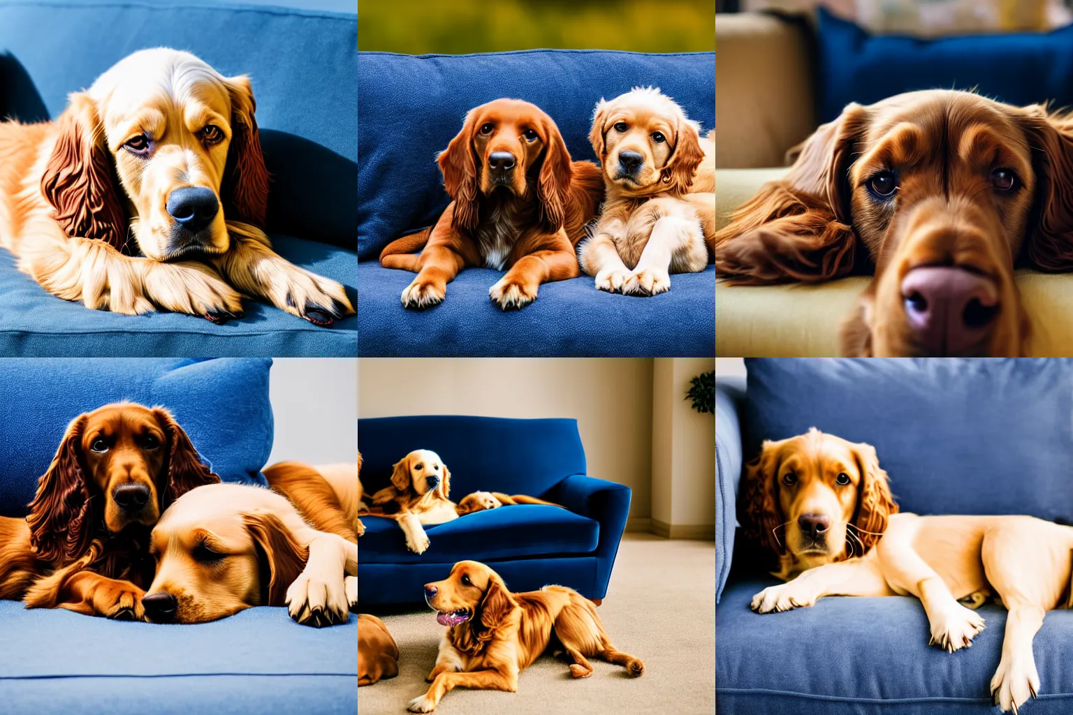 Prompt: a cute spaniel, Labrador and golden retriever spread out on a plush blue sofa. Award winning photograph, soft focus, depth of field, rule of thirds, national geographic, golden hour