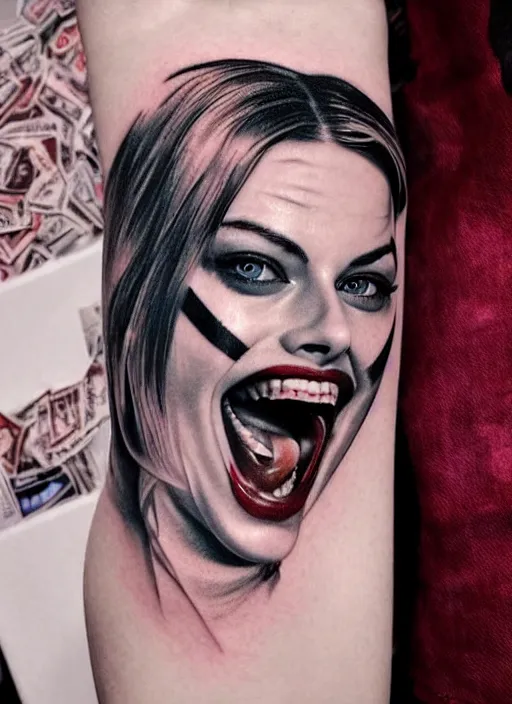Image similar to tattoo design of margot robbie as harley quinn with a little smile, holding ace card, in the style of den yakovlev, realistic face, black and white, realism tattoo, hyper realistic, highly detailed