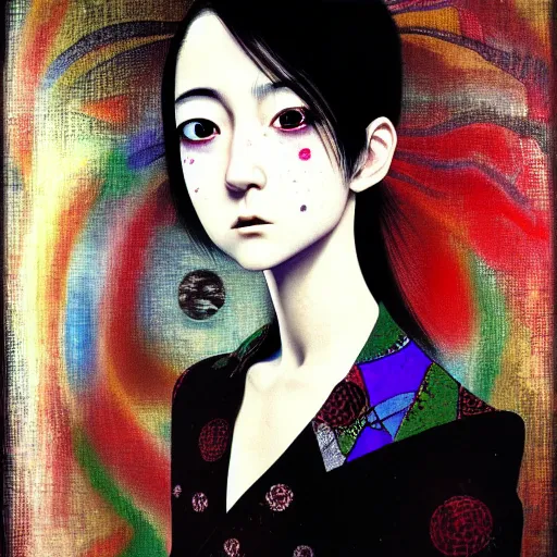 Image similar to yoshitaka amano blurred and dreamy realistic three quarter angle portrait of a young woman with black eyes wearing dress suit with tie, junji ito abstract patterns in the background, satoshi kon anime, noisy film grain effect, highly detailed, renaissance oil painting, weird portrait angle, blurred lost edges