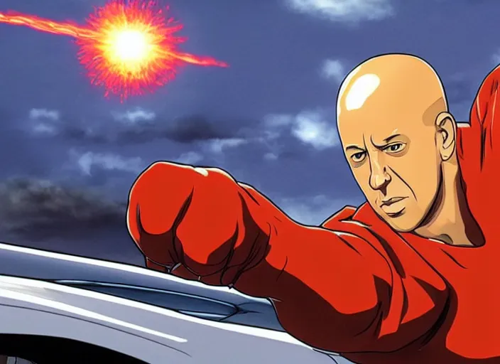 Image similar to vin diesel as saitama punching a car, hyperrealism