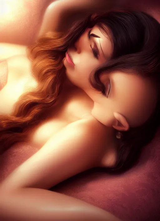 Image similar to young woman beautiful face : : black gold peignoir : : lie in bed at night : : weta disney pixar movie still photo : : decadent highly - detailed digital painting, soft dark light, full length shot, golden ratio, octane render, artstation, smooth, sharp focus, artgerm, mucha, loish, wlop, gogo