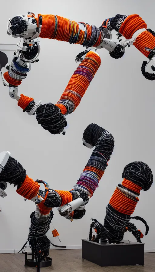 Prompt: 4 massive kuka robot arms knitting a tiny sweater with multicolor yarns and knitting needles, the kuka robot arms are glossy white, the robot arms are mounted on the white walls of a gallery, ultrarealistic, photorealistic, volumetric lighting, photography