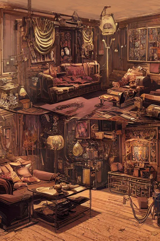 Prompt: a detailed concept art of a steampunk living room, by moebius, by beeple