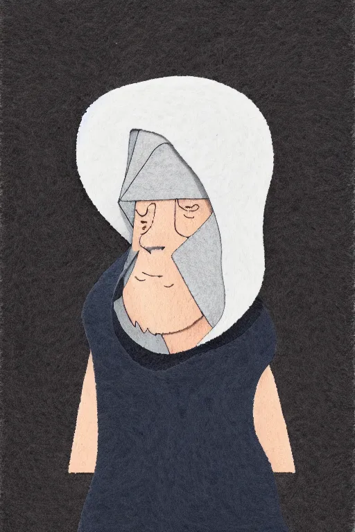 Image similar to ! felt illustration, portrait of a small character, wearing a hood, in the style of anri matiss