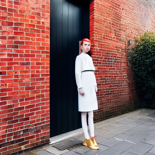 Image similar to un ultra high definition editorial photographic portrait of a female designer standing outside her trendy red brick london home wearing all white. wide angle. three point light. golden hour, golden ratio, ray tracing, volumetric light and shadow, shallow depth of field.