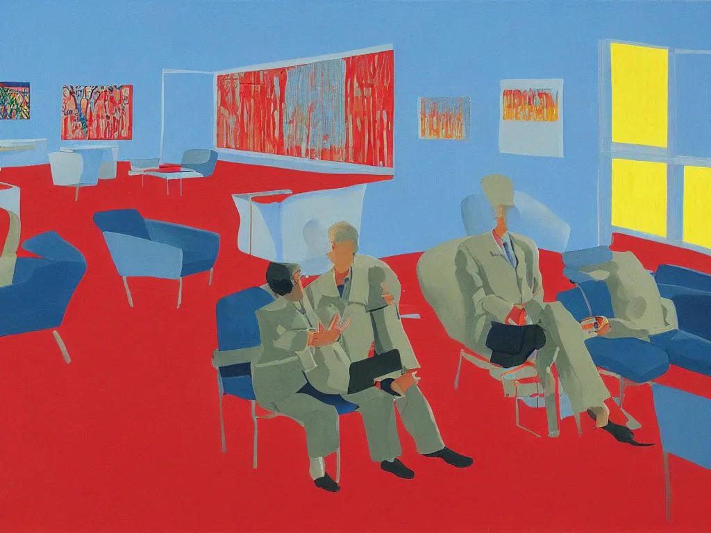 Prompt: sun setting in a airport lounge. tall, spacious, couple watching landed airplane. painting by david hockney