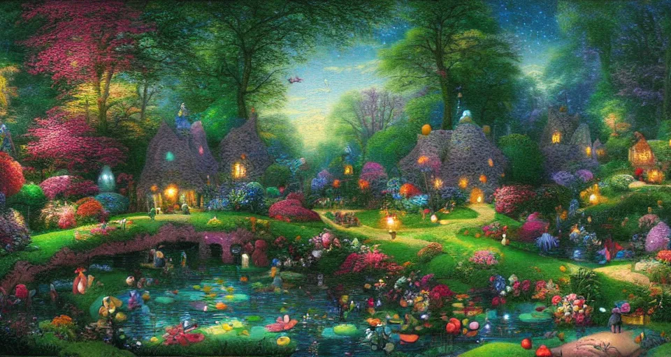 Prompt: a whimsical fairyland with a pond, starry sky, ambient lighting, fantasy art, thomas kinkade, pieter brueghel, martin johnson heade style art