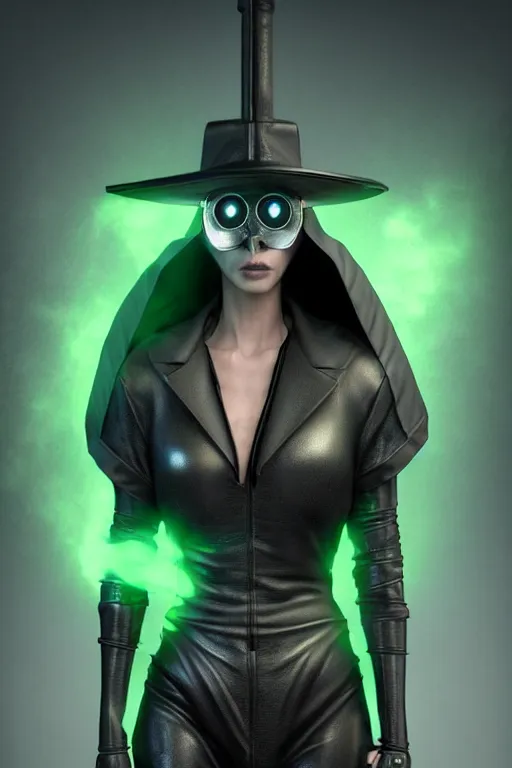 Prompt: wow! 3 / 4 stunning photorealistic portrait of a female plague doctor with a green aura in a kowloon! cyberpunk cityscape, biomechanical leather bodysuit, bioluminescent acid rain, dark fantasy by artgerm and sorayama and alphonse mucha, ultrarealistic, hyperdetailed, trending on artstation, octane render