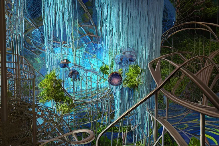 Prompt: favela jellyfish cathedral coaster hive, art nouveau waterfall environment, industrial factory, terrifying, award winning art, epic dreamlike fantasy landscape, ultra realistic,