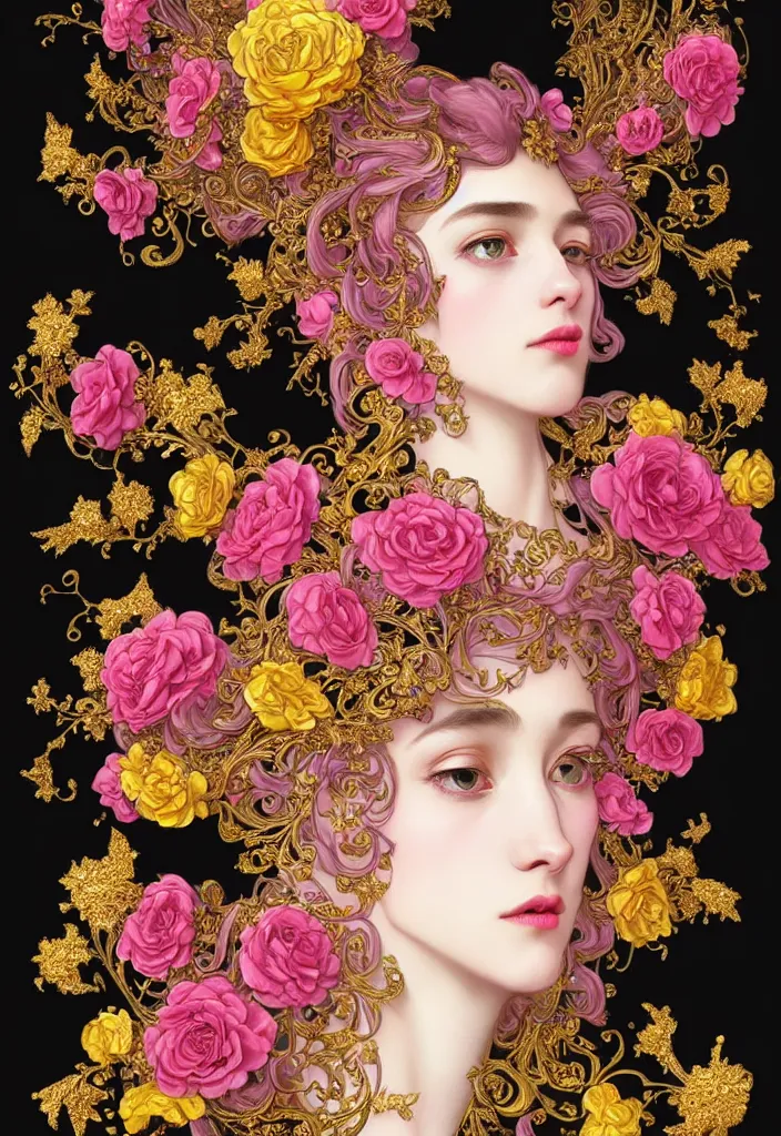 Image similar to beautiful black pink yellow, complicated gold and pink flowers in baroque style headwears, dark fantasy, intricate, elegant, highly detailed, digital painting, artstation, concept art, matte, 3 d 8 k octane rendered, sharp focus, illustration, octane rendered, art by artgerm and alphonse mucha, leesha hannigan