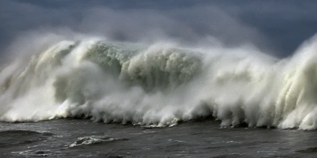 Image similar to tsunami over San Diego, Dramatic, realistic, perspective,