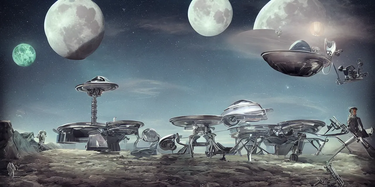 Image similar to surreal art deco designs, sci fi scene, alien landscape, flying saucer and moon rover