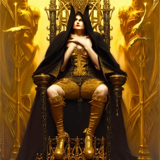 Prompt: full body portrait of hooded queen in gold gothic robes sitting on a throne of bones, elegant, highly detailed painting by gaston bussiere, craig mullins, j. c. leyendecker, 8 k, mid shot