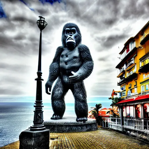 Image similar to king kong walking in funchal's city bay near the streets and sea, trampled, cinematic shot, realistic, hdr, color, wide shot, gigantic