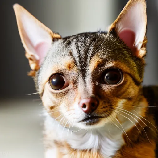 Prompt: studio photo of a tabby cat chihuahua hybrid, 4k