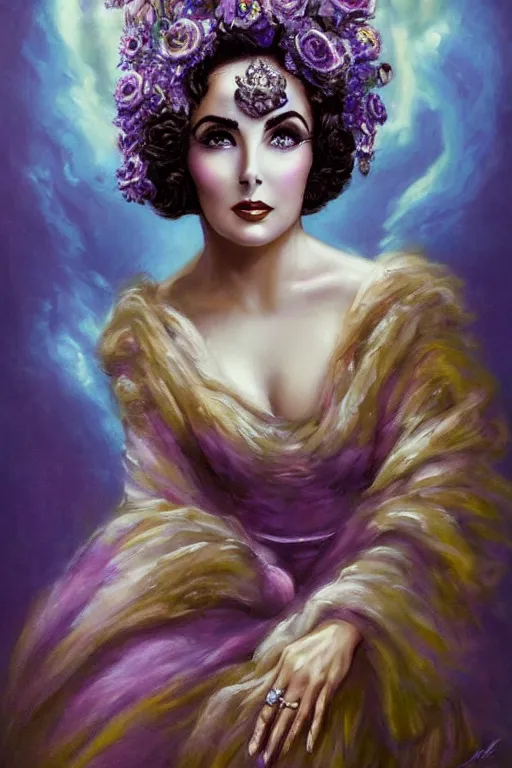 Image similar to center portrait fine art photo of the beauty elizabeth taylor, dramatic pose she has a crown of stunning flowers and dress of purple satin and gemstones, symmetrical realistic eyes, background full of stormy clouds, by peter mohrbacher