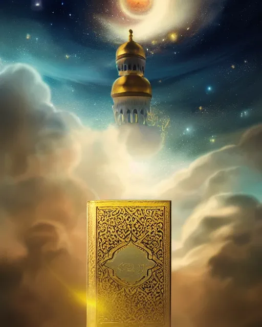 Prompt: the quran descending from the galaxy into clouds highly detailed, gold filigree, romantic storybook fantasy, soft cinematic lighting, award, pastel color palette, featured on artstation, digital art