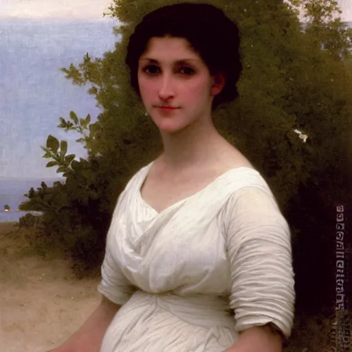 Prompt: A portrait of a woman in a long white dress in front of an ocean with overcast skies, backlit, painting by William-Adolph Bouguereau