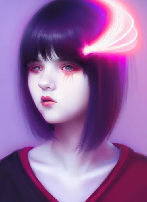 Image similar to portrait of teenage girl with white bangs, red irises, black hair, purple clothes, white bangs, bangs are different color from hair, intricate, front of hair is white rest is black, elegant, glowing lights, highly detailed, digital painting, artstation, concept art, smooth, sharp focus, illustration, art by wlop, mars ravelo and greg rutkowski