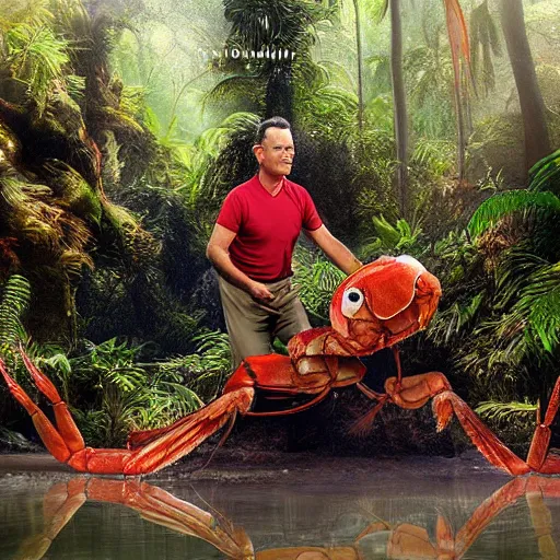 Prompt: Tom Hanks as forrest gump riding a giant shrimp in the jungle, realistic digital painting, photoreailstic, realistic face, amazing detail, sharp