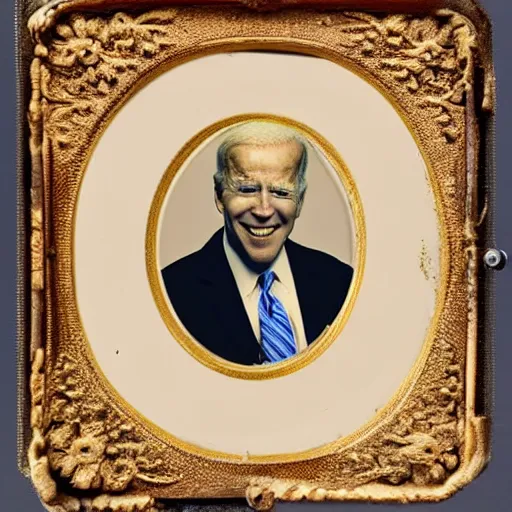 Prompt: joebiden!!! humanoid. daguerreotype portrait photograph. inspired by gerard grom and ansel adams. beautiful. cute. happy. highly detailed. old timey.
