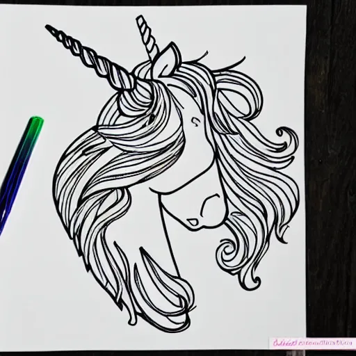 Prompt: unicorn coloring pages on white paper detailed