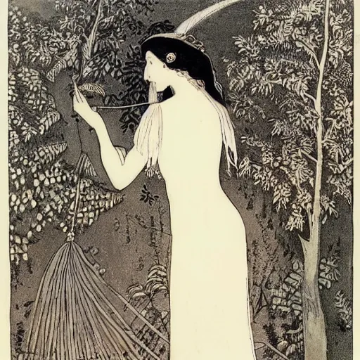 Prompt: Performance art. a woman is shown from behind, her body slightly blurred as if in motion. Her long hair cascades down her back, and she is holding a small bird in her hand. tonalism by Virginia Frances Sterrett earthy