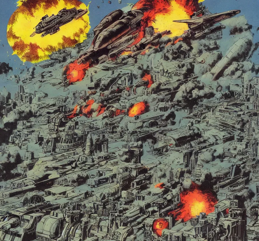 Prompt: scenary, spaceships, sci - fi, war, matte painting, artillery explosions, heavy fire, bullets, by cory walker and ryan ottley and jack kirby and barry windsor - smith and norman rockwel, comic, illustration, photo real