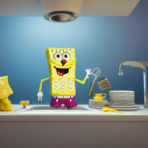 Prompt: spongebob being used to wash the dishes. octane render