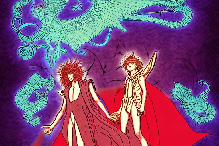 Image similar to digital illustration of a child summoning an occult spectral demon, in the style of moebius, ayami kojima, 9 0's anime, retro fantasy