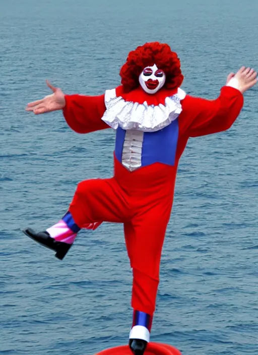 Image similar to 8 0 mm vladamir putin dressed as a clown falling off a boat 4 k, full body,