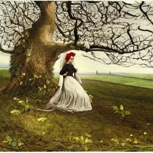 Prompt: a girl wearing a bridal veil is intertwined with an apple tree. folk. thomas hardy tess of the d'urbervilles. pastoral. folk. gothic. vibrant