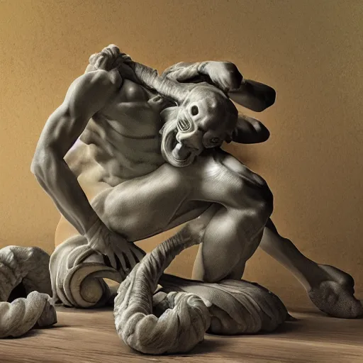 Prompt: the serpentinian entanglement of laocoon. dark art, digital sculpture