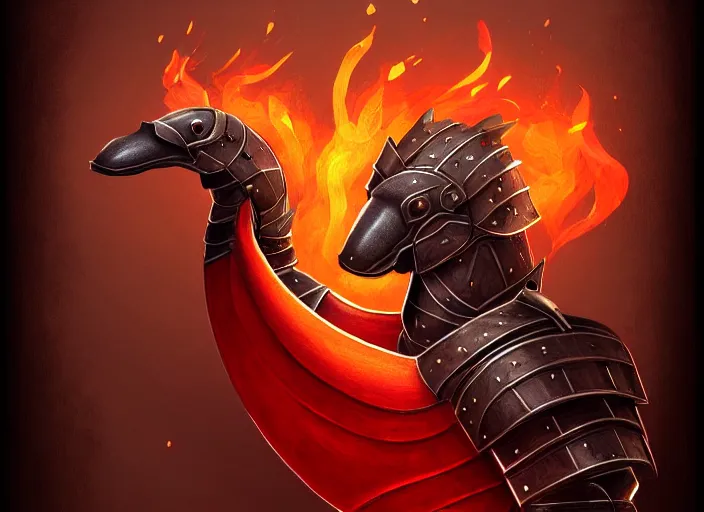 Image similar to a platypus in royal knights armor, dark thick smokey red fire, intricate, elegant, highly detailed, centered, digital painting, artstation, concept art, smooth, sharp focus, illustration