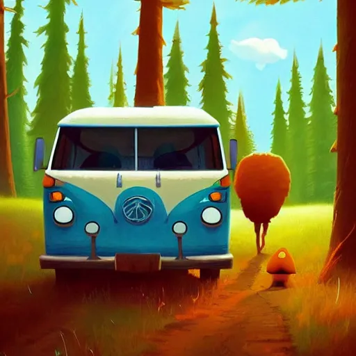 Prompt: goro fujita ilustration a hippie van traveling through the canada forest, painting by goro fujita, sharp focus, highly detailed, artstation